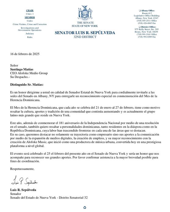 Santiago Matías será reconocido en el Senado de Nueva York por su aporte a la comunidad dominicana