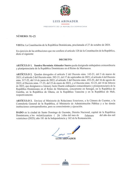 MIREX informa presidente Luis Abinader designa nueva embajadora en el Reino de Marruecos