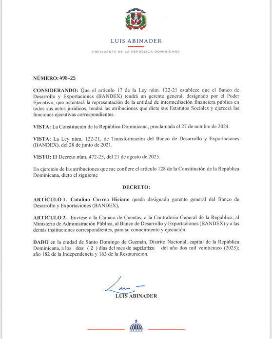 Presidente Abinader designa a Catalino Correa Hiciano como nuevo gerente del BANDEX