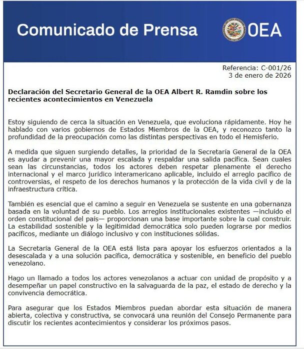 OEA llama a la desescalada y a una salida pacífica en Venezuela tras los recientes acontecimientos