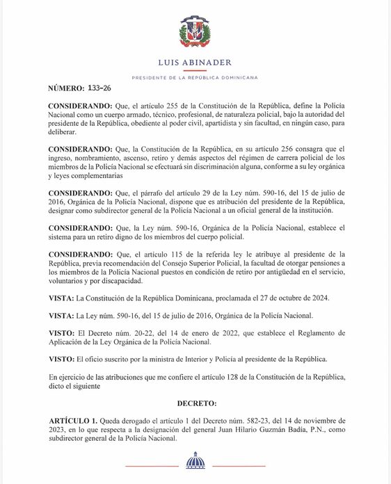 Presidente Abinader designa nuevo subdirector e inspector general de la Policía Nacional y dispone ascensos y retiros