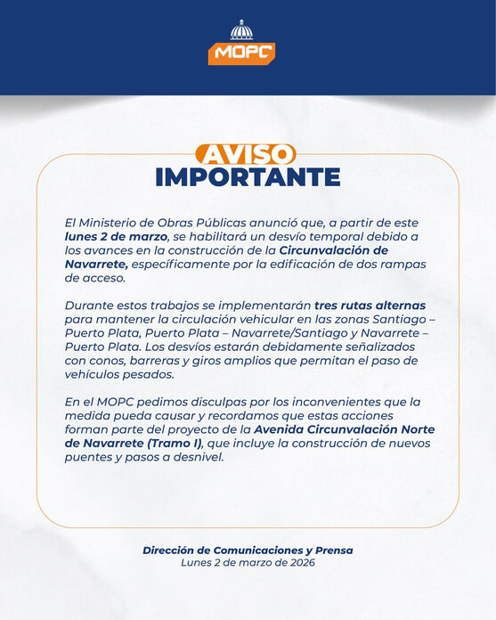MOPC habilitará desvío temporal por avances en la Circunvalación de Navarrete