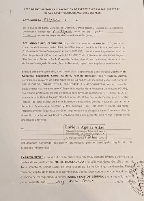 INICIA intima legalmente a Wendy Santos Berroa por difundir información falsa sobre supuesto vínculo de la empresa con Goldquest y le exige retractación pública.